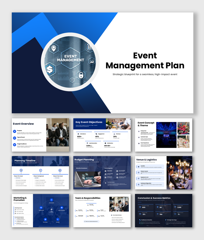 Event management plan PPT outlining objectives, timeline, budget, logistics, and success metrics.