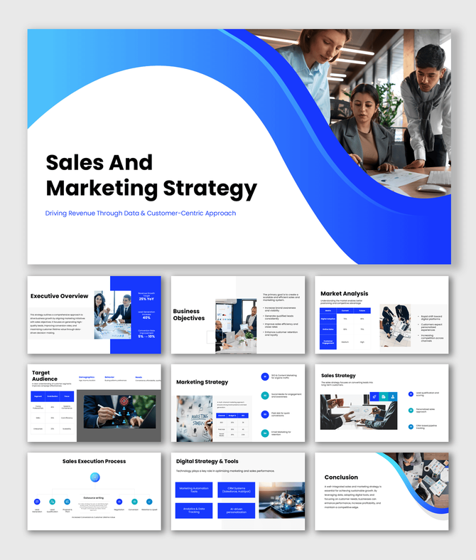 Sales and marketing strategy PPT with goals, analysis, target audience, digital tools, and performance growth plan.