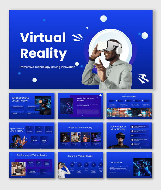Virtual reality PPT showcasing VR overview, applications, market growth, benefits, challenges, and future trends.