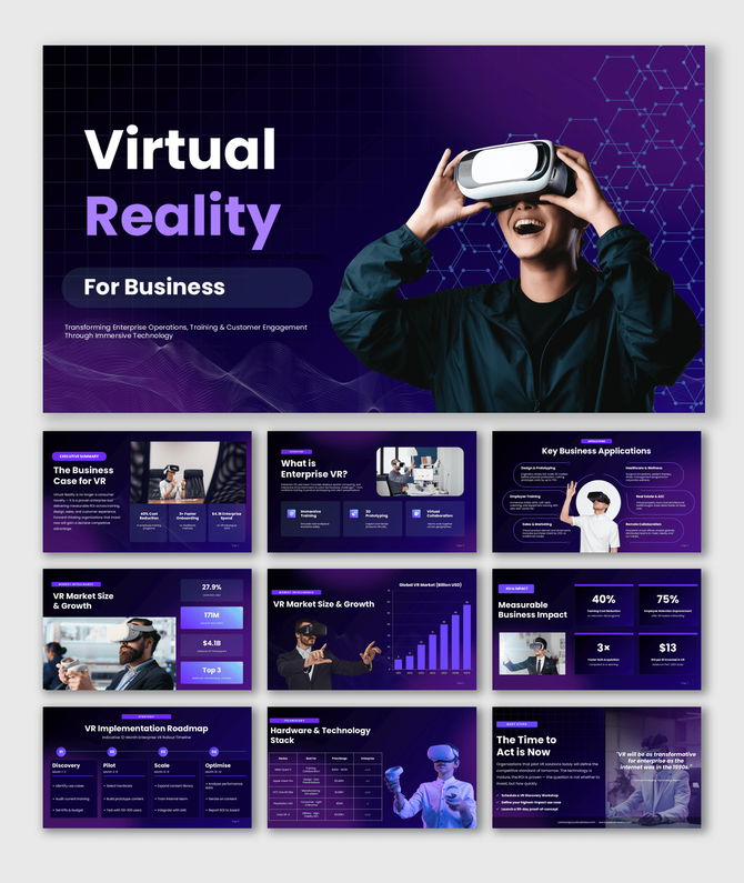 Virtual reality business PPT covering enterprise use cases, market growth, ROI, technology stack, and implementation roadmap.