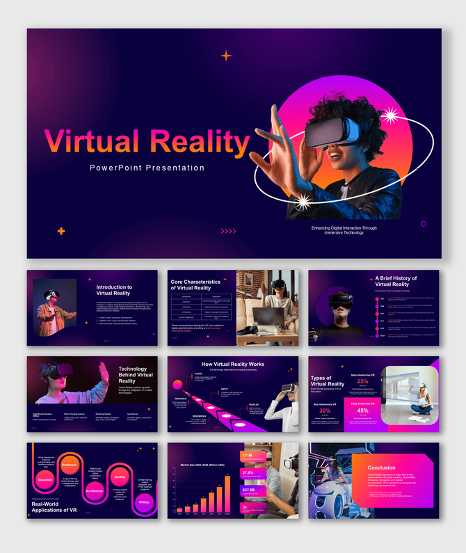 Virtual reality PowerPoint presentation covering VR basics, technology, applications, market trends, and future innovations.