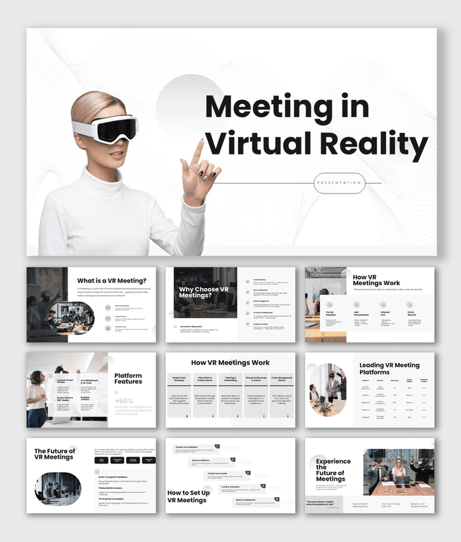 Meeting in virtual reality presentation showcasing VR collaboration, features, platforms, workflows, and future of virtual me