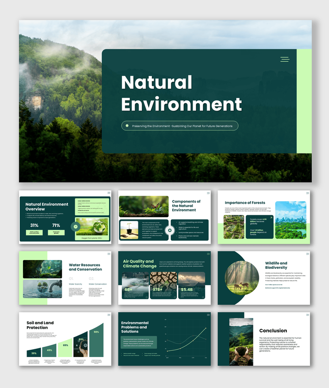 Natural environment presentation with forest conservation, water resources, climate change, and biodiversity.