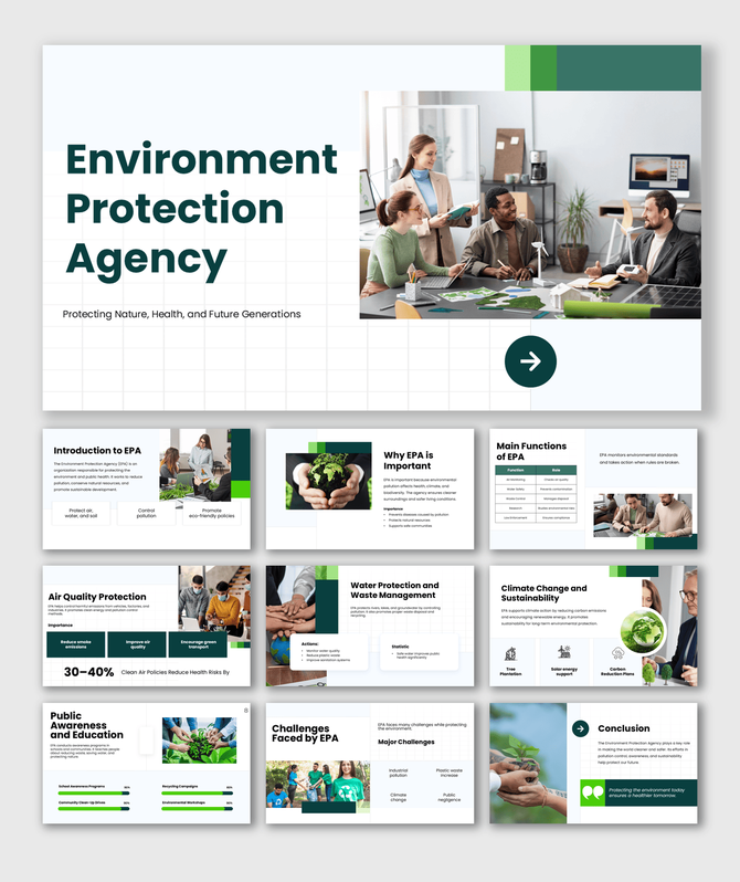 Environment protection agency presentation on pollution control, sustainability, public awareness, and climate action.
