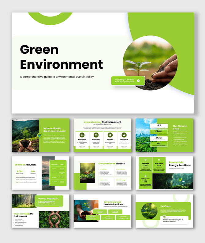 Green environment ppt theme on sustainability, climate change, pollution, renewable energy, and eco-friendly habits.
