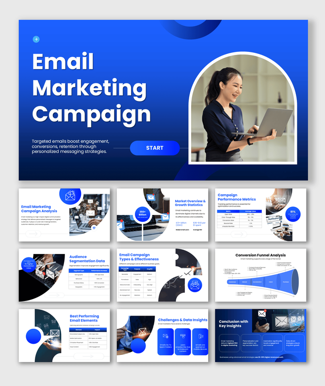 Email marketing campaign template with analytics, segmentation, KPIs, funnel insights, and performance tracking slides