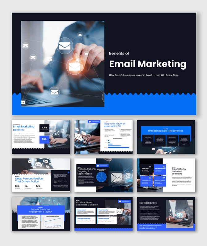 Benefits of email marketing presentation covering ROI, automation, engagement, targeting, and growth insights