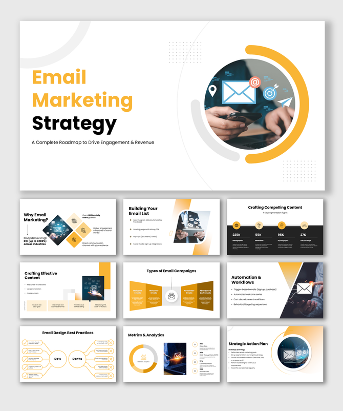 Email marketing strategy template with campaigns, automation, analytics, engagement, and growth insights plans.