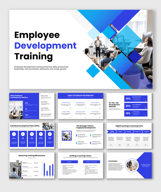 Employee development training presentation covering leadership, teamwork, productivity, learning, and growth.