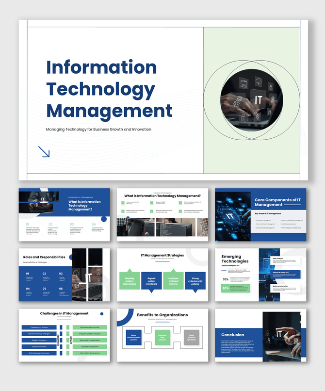 Information technology management presentation covering IT strategies, cybersecurity, innovation, and business growth.