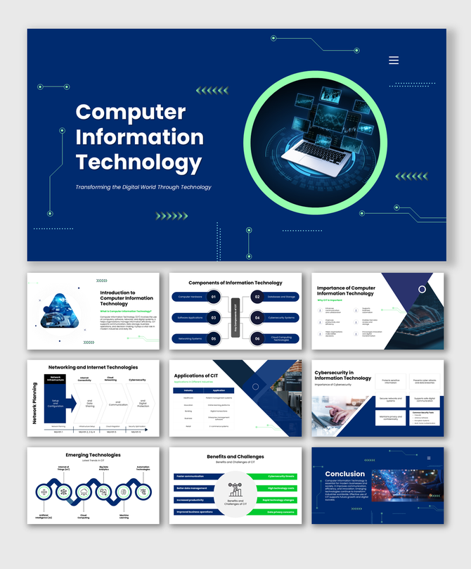 Computer information technology presentation covering networking, cybersecurity, cloud computing, and digital innovation.