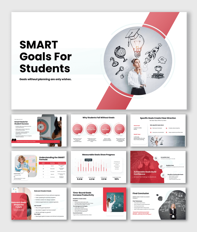 SMART goals presentation for students focused on planning, achievement, productivity, and academic success.