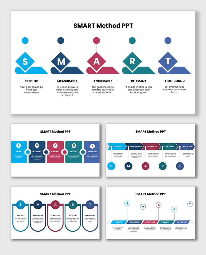 SMART Method PPT template designed to explain specific, measurable, achievable, relevant, and time-bound goals clearly.
