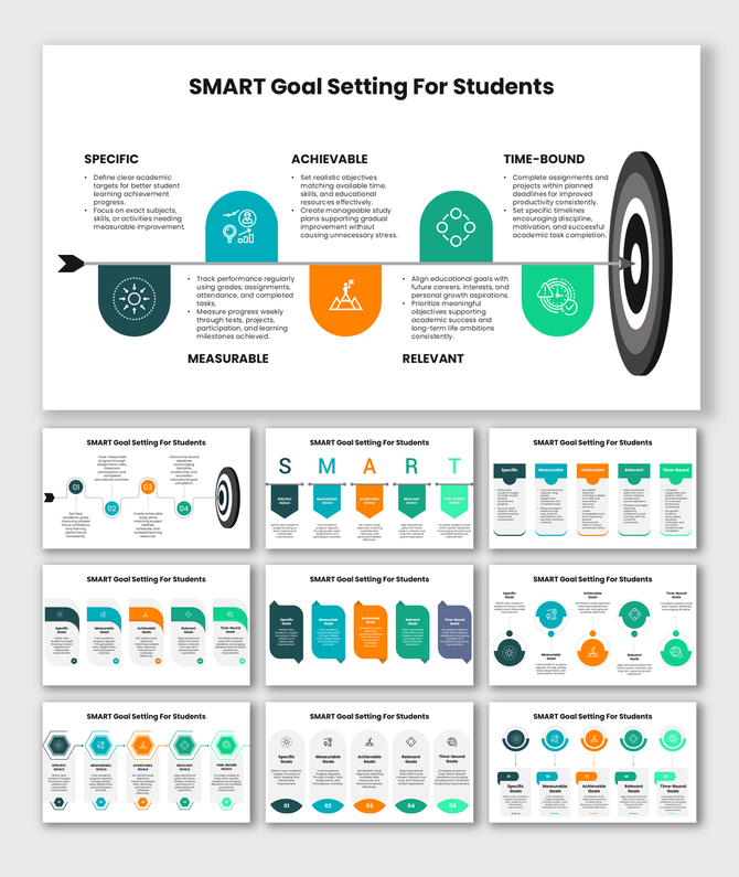 SMART Goal Setting PPT for students with colorful layouts to improve planning and focus.