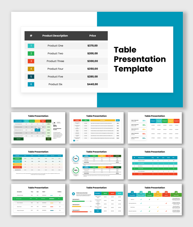 Table slide presentation template with clean layouts for pricing, comparison, and performance data.Select 80 more words to ru