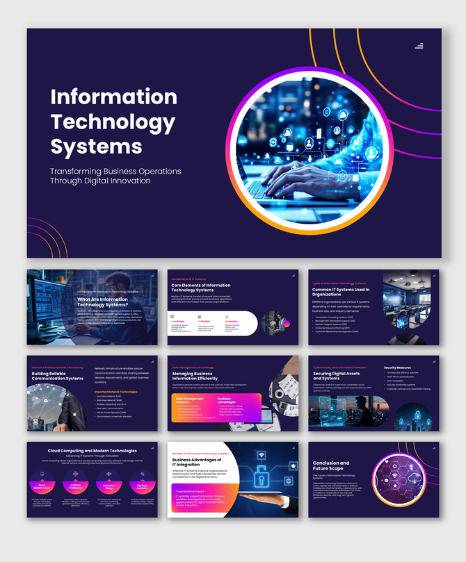 Information Technology Systems PPT showcasing IT infrastructure, cybersecurity, cloud computing, and digital transformation.