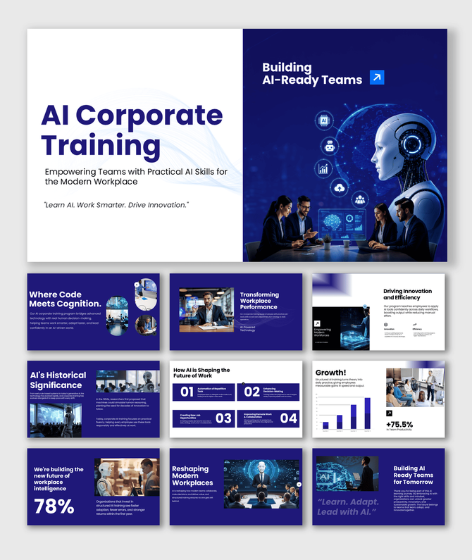 AI Corporate Training PowerPoint Template featuring AI workforce training, automation, digital skills, and team development.