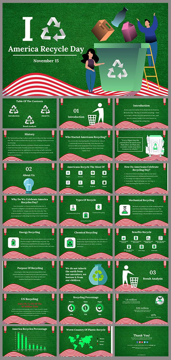 Slide deck featuring green textured background with white and red wave accents, showcasing recycling themed illustrations.