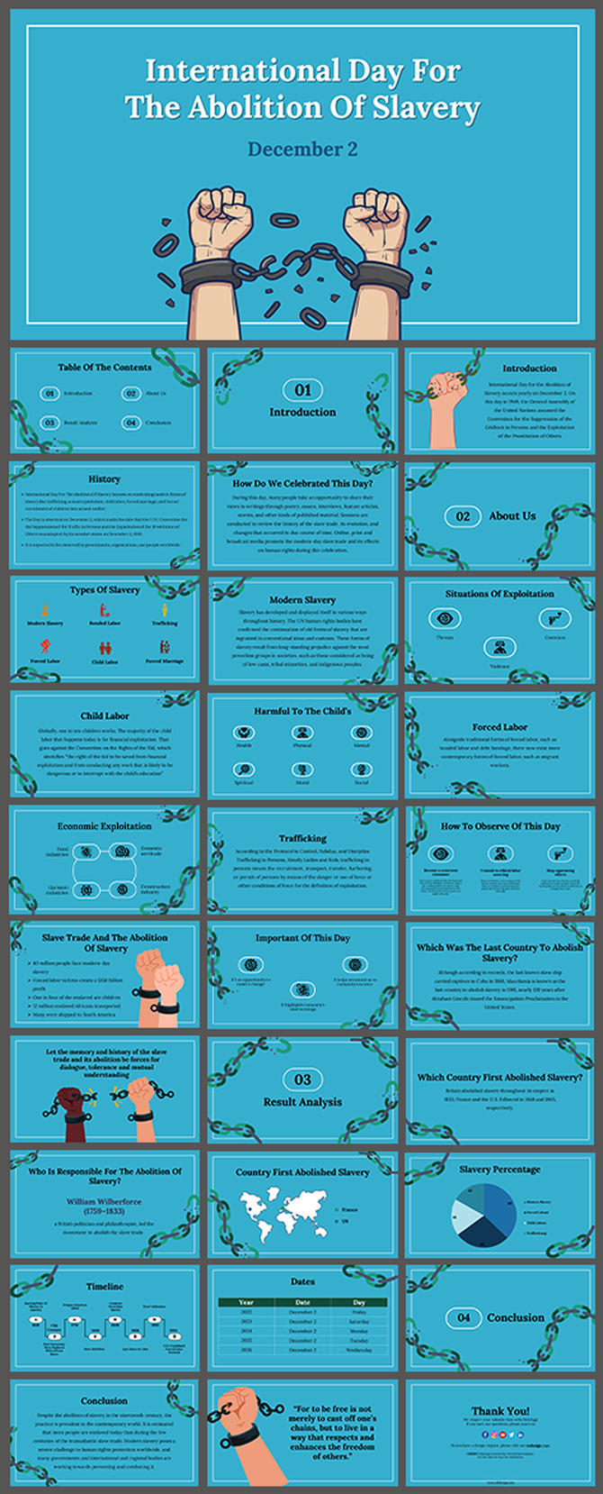International Day for the Abolition of Slavery slides, featuring history, types of slavery, and global efforts.
