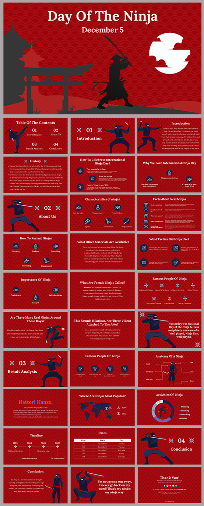 Day of the Ninja slide deck featuring a silhouette of a ninja with a sword in a red background, with a temple and Torii gate.