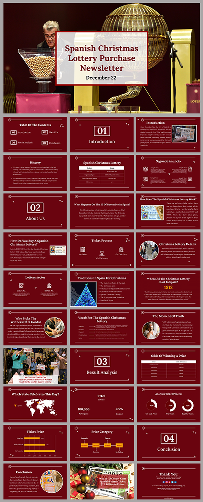 Spanish Christmas lottery slides, with information on ticket prices, and history, featuring festive red backgrounds.