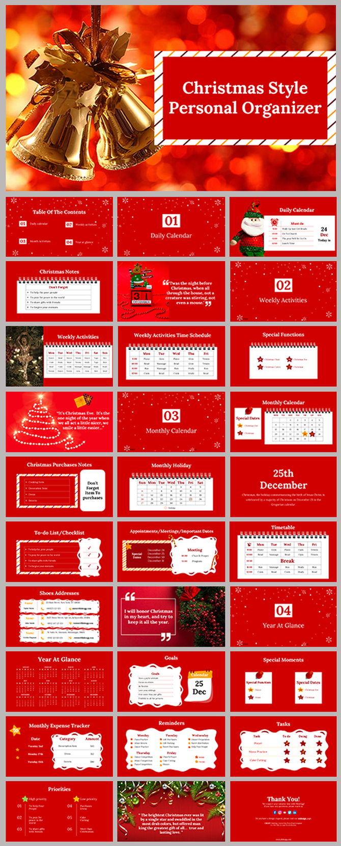 Christmas organizer slide deck with bells cover, red backgrounds, festive visuals, and planning tools for the holiday season.