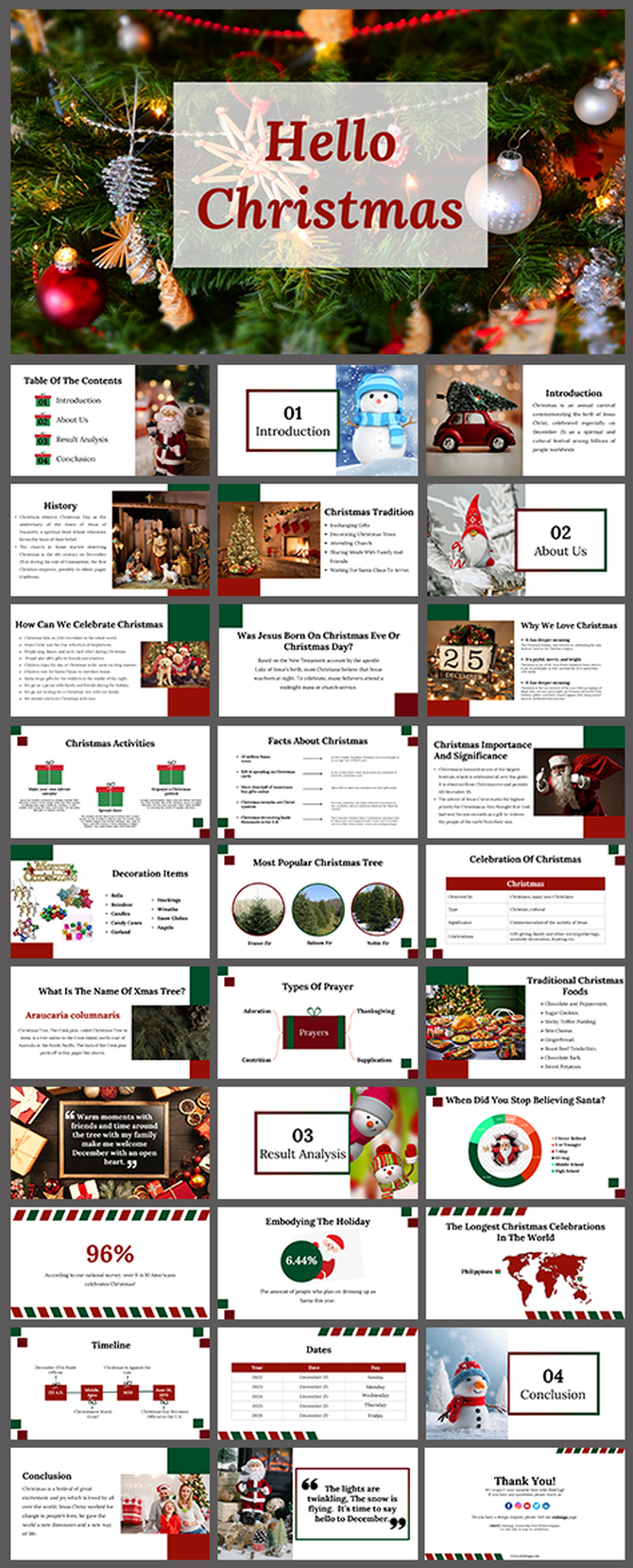 Slide deck showing Christmas traditions, history, activities, and holiday significance with vibrant colors.