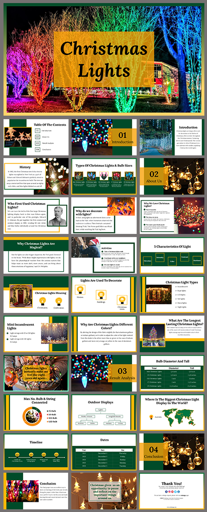 Christmas lights with colorful, festive slides covering history, types, decoration ideas, and light displays worldwide.