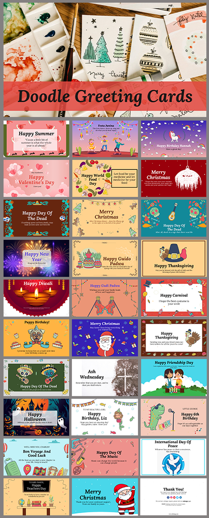 A collection of colorful doodle style greeting card slides for various occasions such as Christmas and Valentine’s Day etc.