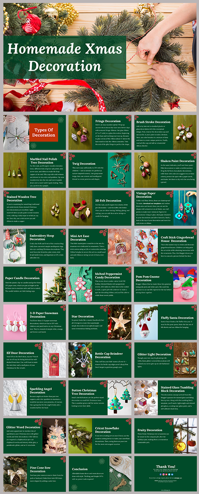 Collection of homemade christmas decoration slides featuring painted pinecones and gingerbread house crafts on a green theme.