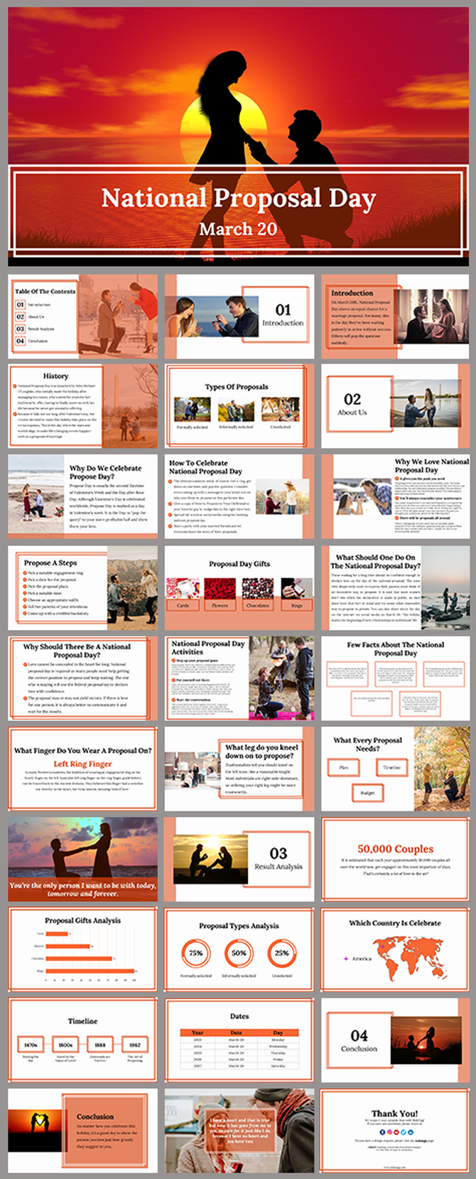 National Proposal day slides detailing proposal types, history, and how people celebrate March 20 with romantic gestures.