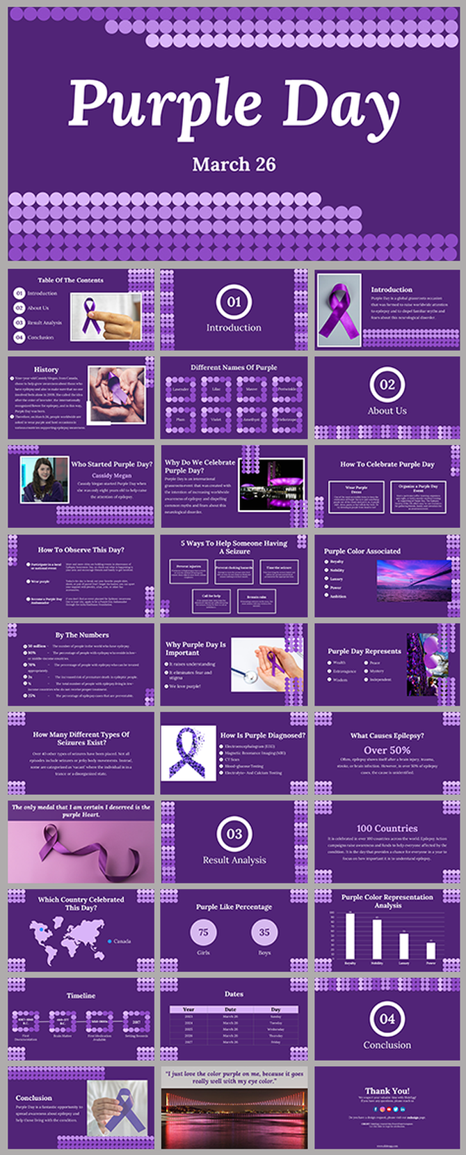 Purple day slides covering history, epilepsy awareness, ways to help, and statistics, all in purple tones.