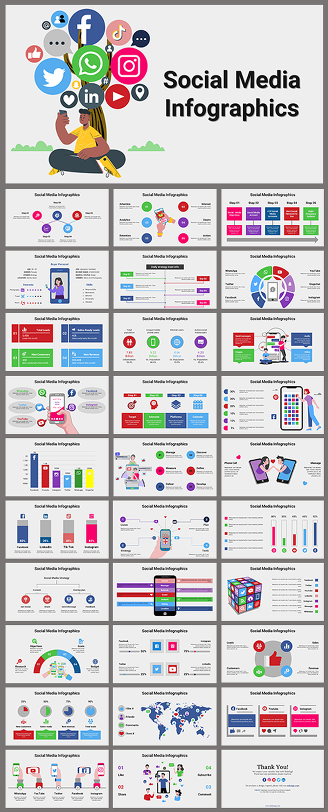 A comprehensive set of social media infographic slides featuring icons of popular platforms and various data elements.