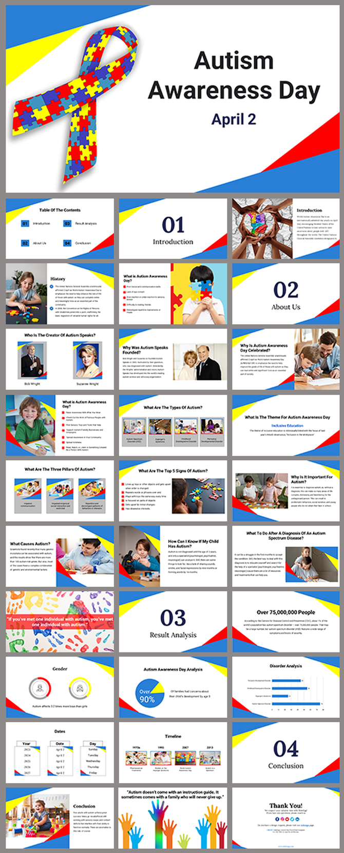 Slide deck highlighting autism awareness day with sections on history, key facts, and statistics, in colorful themes.