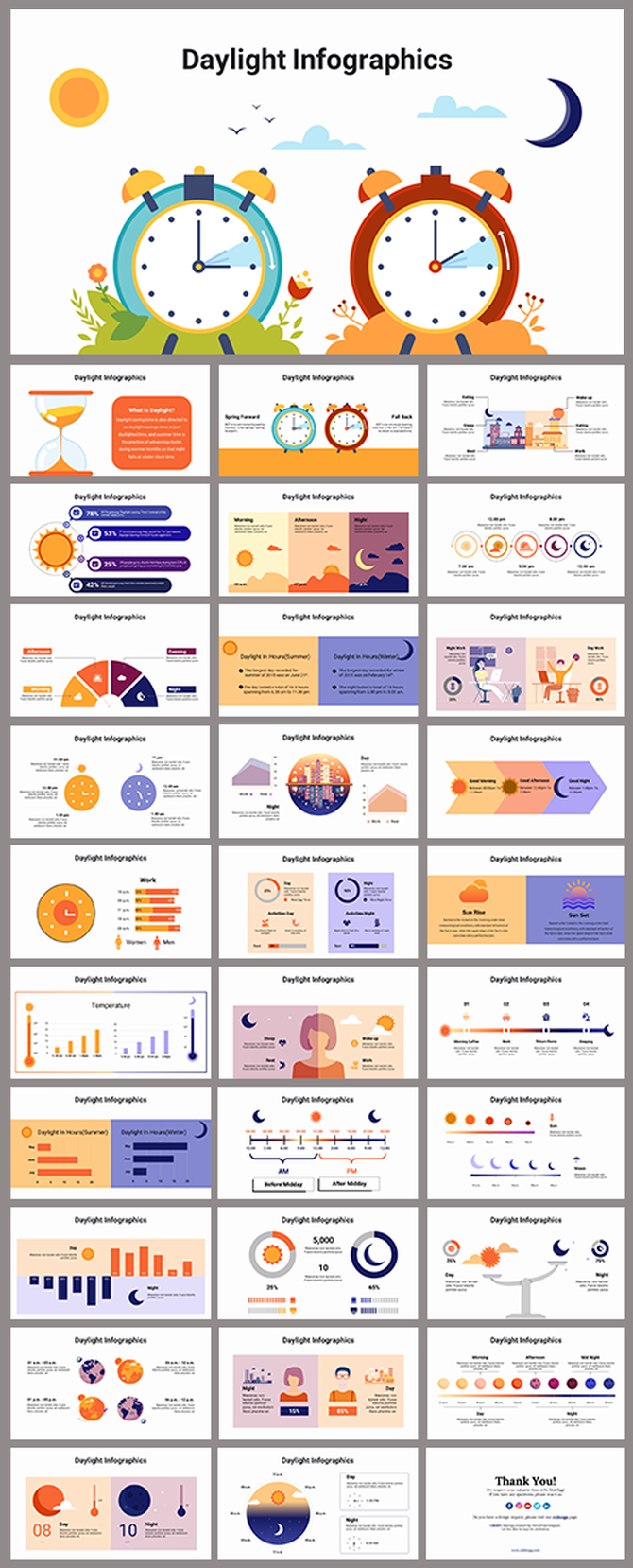 Colorful slide deck featuring daylight themed infographics with clocks, sun and moon icons, and time related charts.