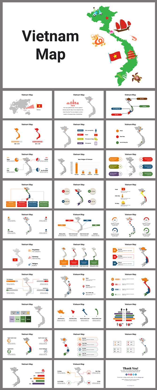 Vietnam slide deck with white backgrounds, featuring colorful maps, charts, and data on different regions and landmarks.