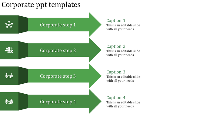 Business roadmap template with four corporate steps, each marked with an arrow and a distinct corporate icon in green theme.