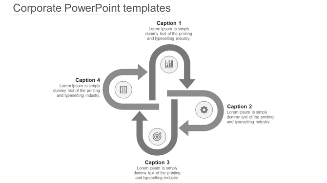Grayscale corporate PowerPoint template with four arrows representing key business concepts with icons and captions.
