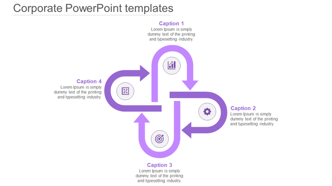 Purple toned corporate PowerPoint slide with arrows and icons representing business processes and captions.