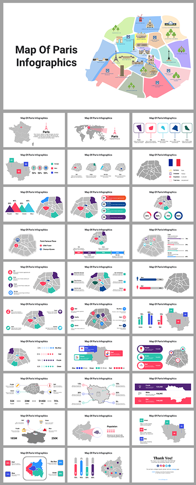 Infographic slides showing detailed maps of Paris with colorful regions, landmarks, and data visualization elements.