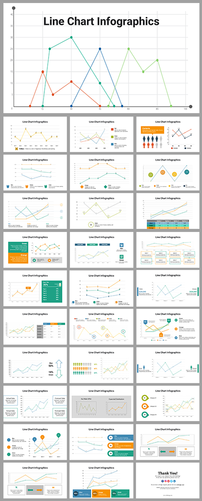 Slide deck with various line chart infographics, showcasing trends with multi colored lines and data points.