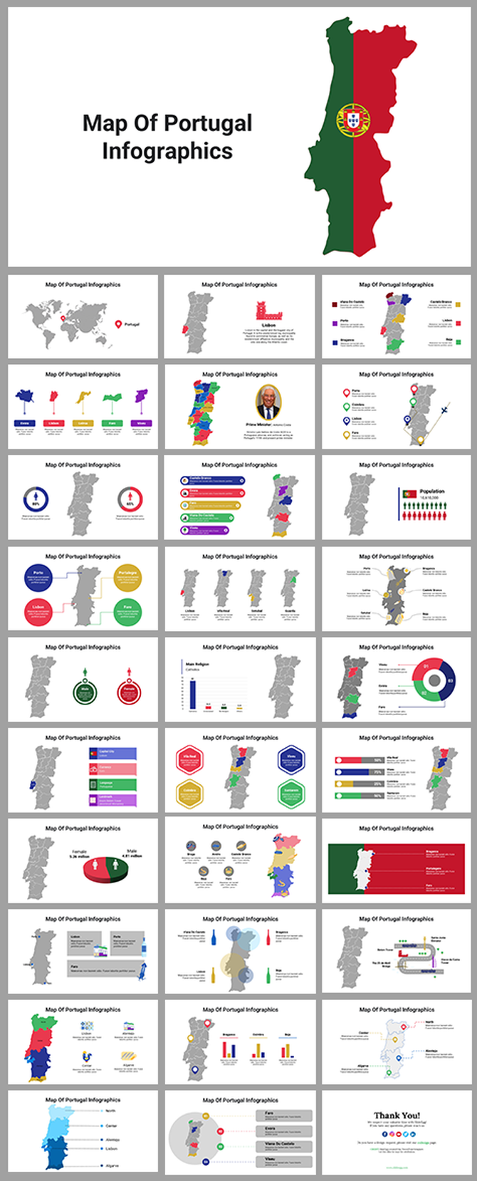Portugal map slide deck featuring infographics with charts, icons, and regions highlighted in different colors.