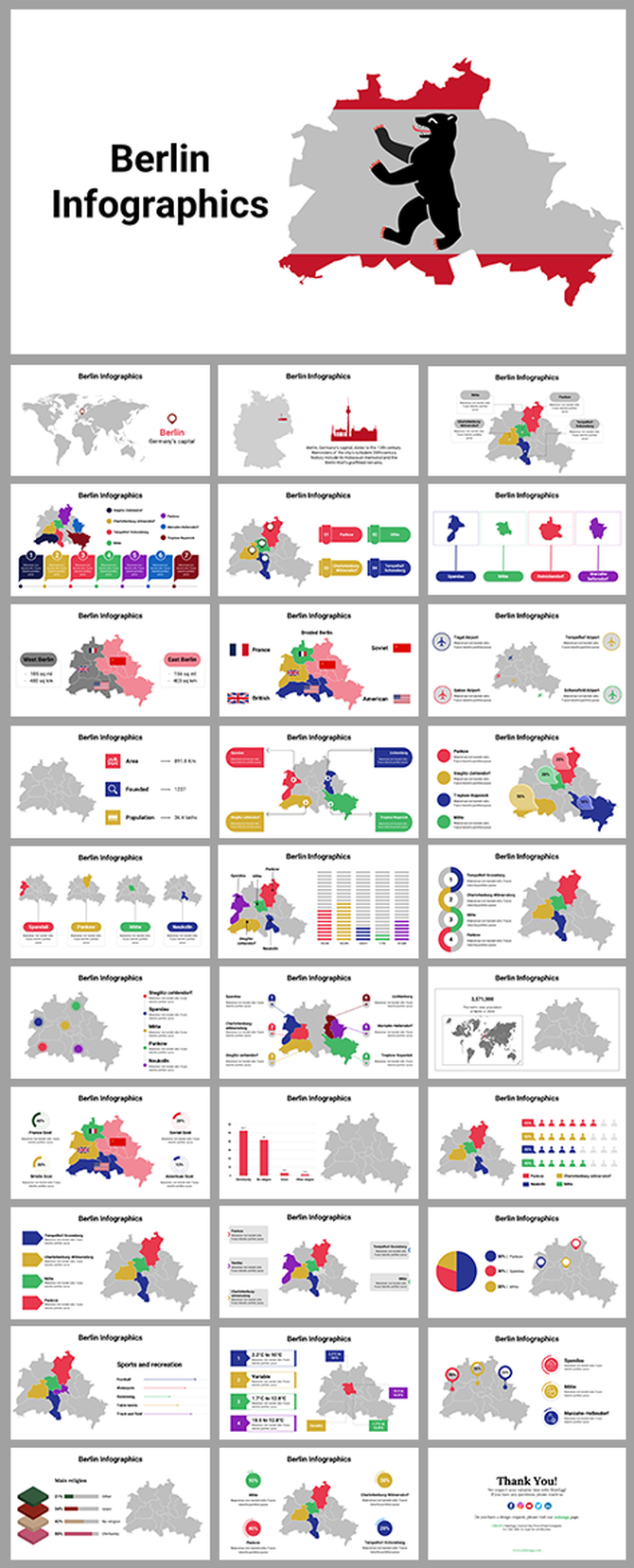 Berlin Infographics slide deck featuring a map outline of Berlin with the iconic  bear symbol in the center.
