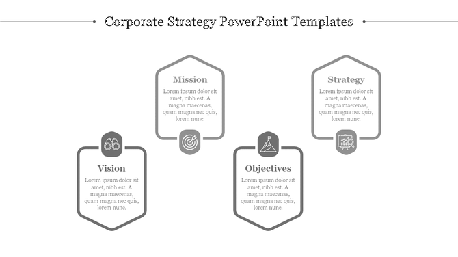 Corporate strategy template with three vertical steps stability, growth and renewal each with icons.