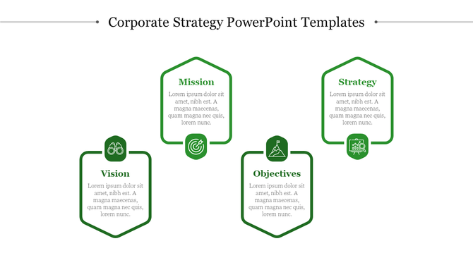 Corporate strategy slide featuring four green hexagons with titles, icons, and placeholder text.