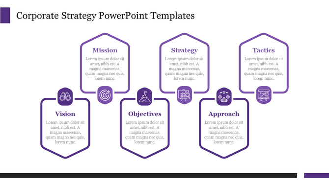 Corporate strategy slide with six sections Mission, Vision, Strategy, Objectives, Approach, and Tactics, each with icons.