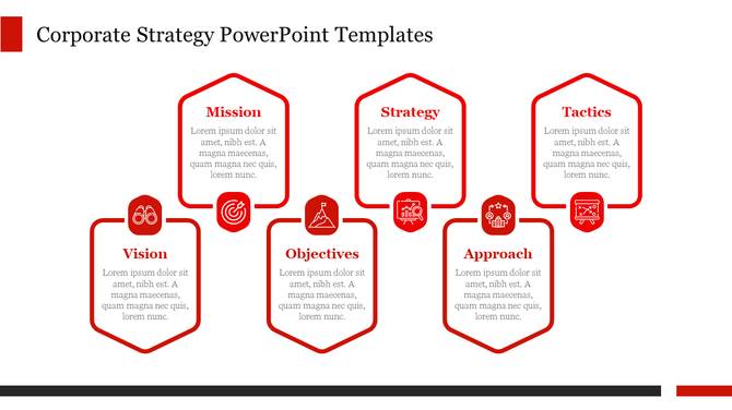 Red themed strategy template from vision to strategy in hexagon shapes connected with lines and icons.