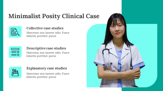 Clinical case study slide with three case study types listed beside a doctor in a white coat and stethoscope.