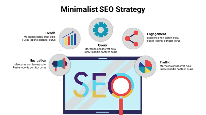 Central monitor with colorful text, surrounded by gray circular icons with vibrant illustrations for SEO aspects.