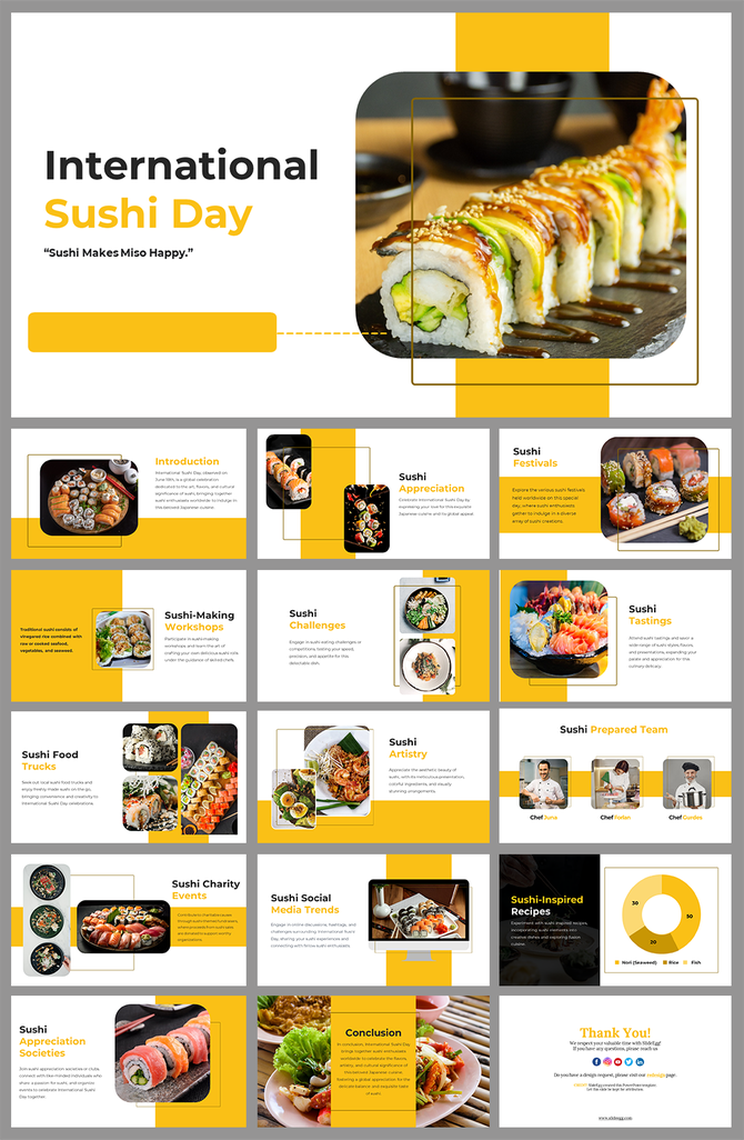 Modern slide deck with yellow accents showcasing sushi images, covering topics, events, and visual highlights.